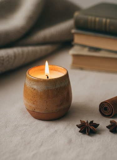 A lit candle, cinnamon, and a stack of books in warm light