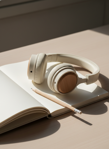 Headphones resting on an open notebook in soft sunlight
